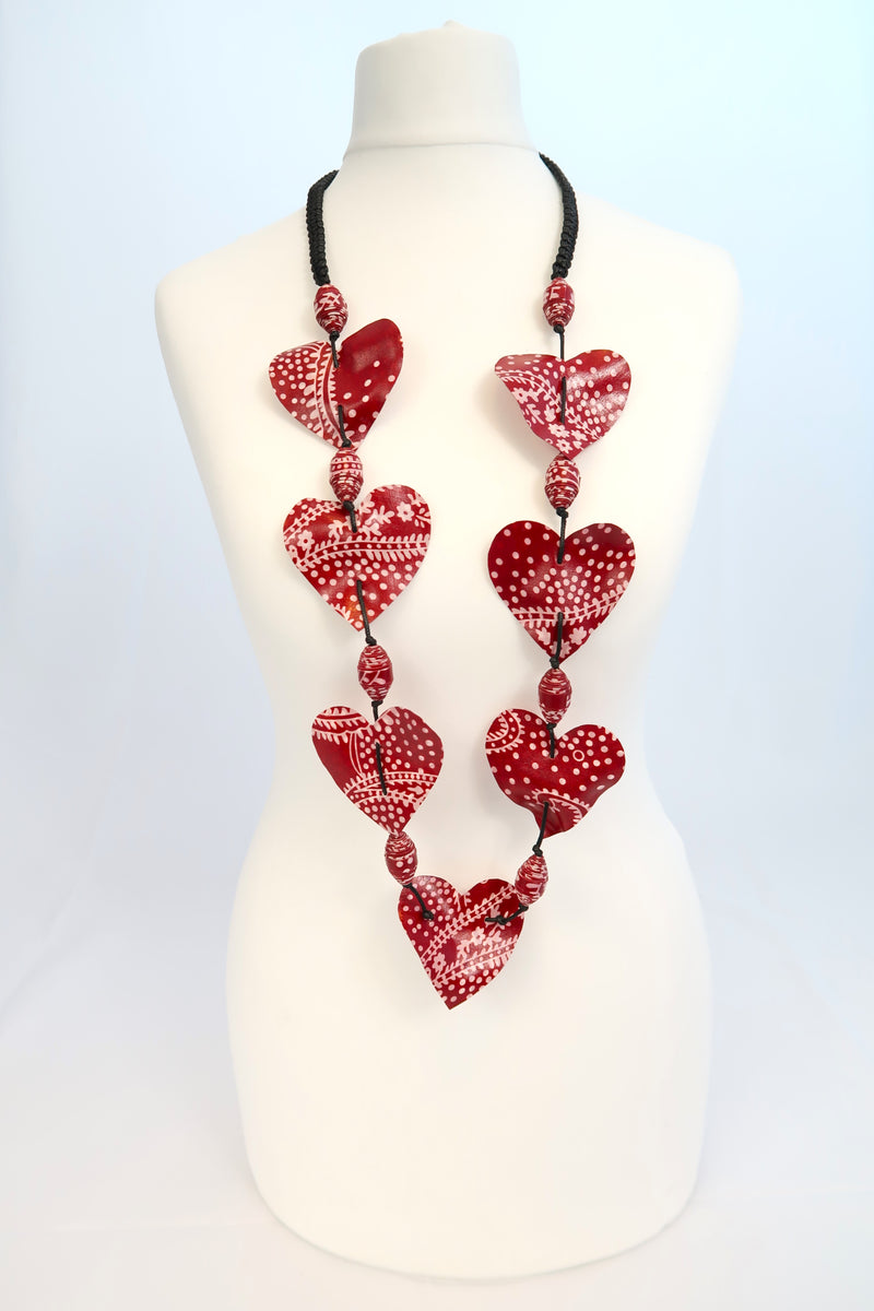 Hearts necklace made from recycled fabric