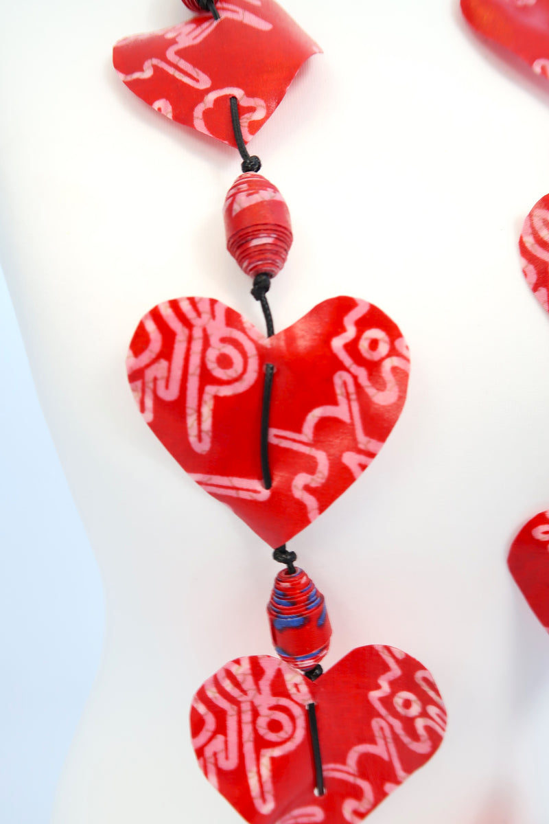 Hearts necklace made from recycled fabric