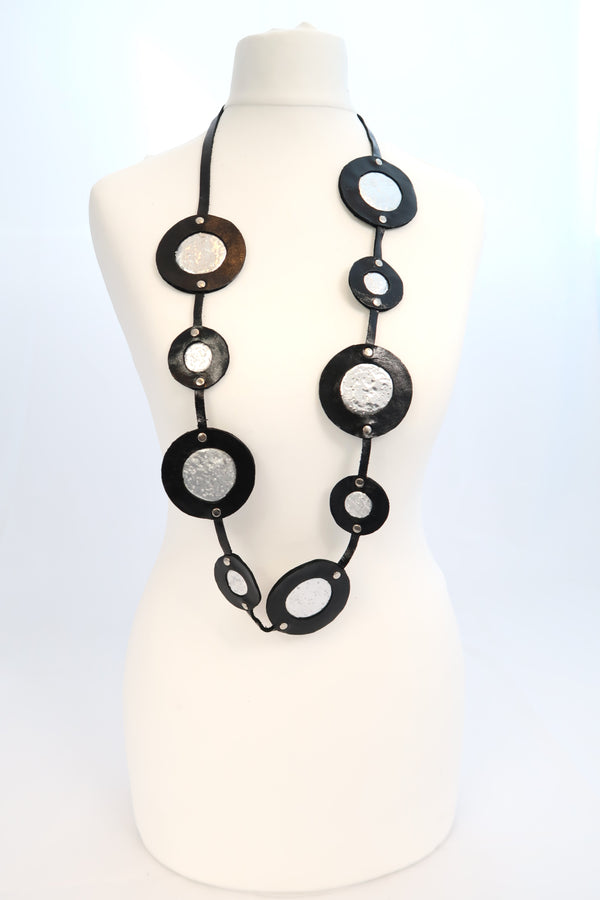 Bubbles necklace made from recycled leather and tin can