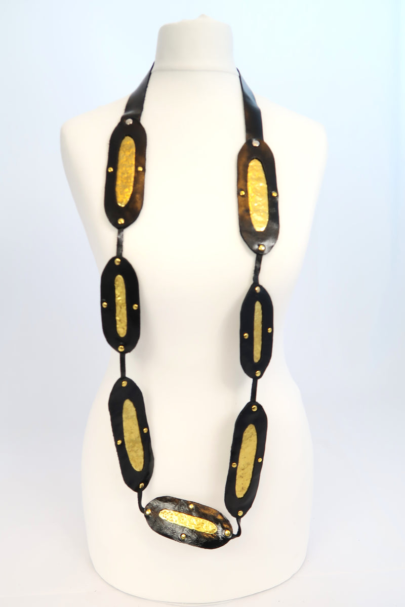 Bird's-nest fern necklace made from recycled leather and tin can- Long