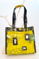 Hand Crafted Square Bag With A Strap From Recycled Leather and recycled tin can - Yellow