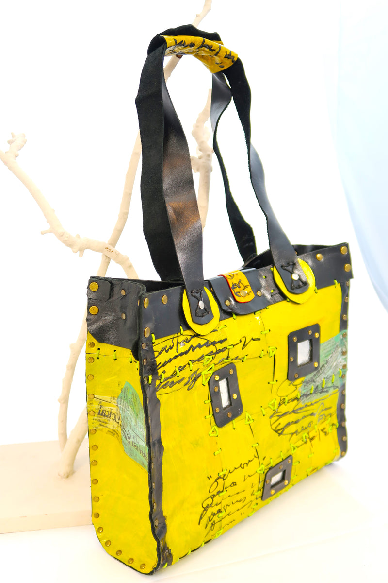 Hand Crafted Square Bag With A Strap From Recycled Leather and recycled tin can - Yellow