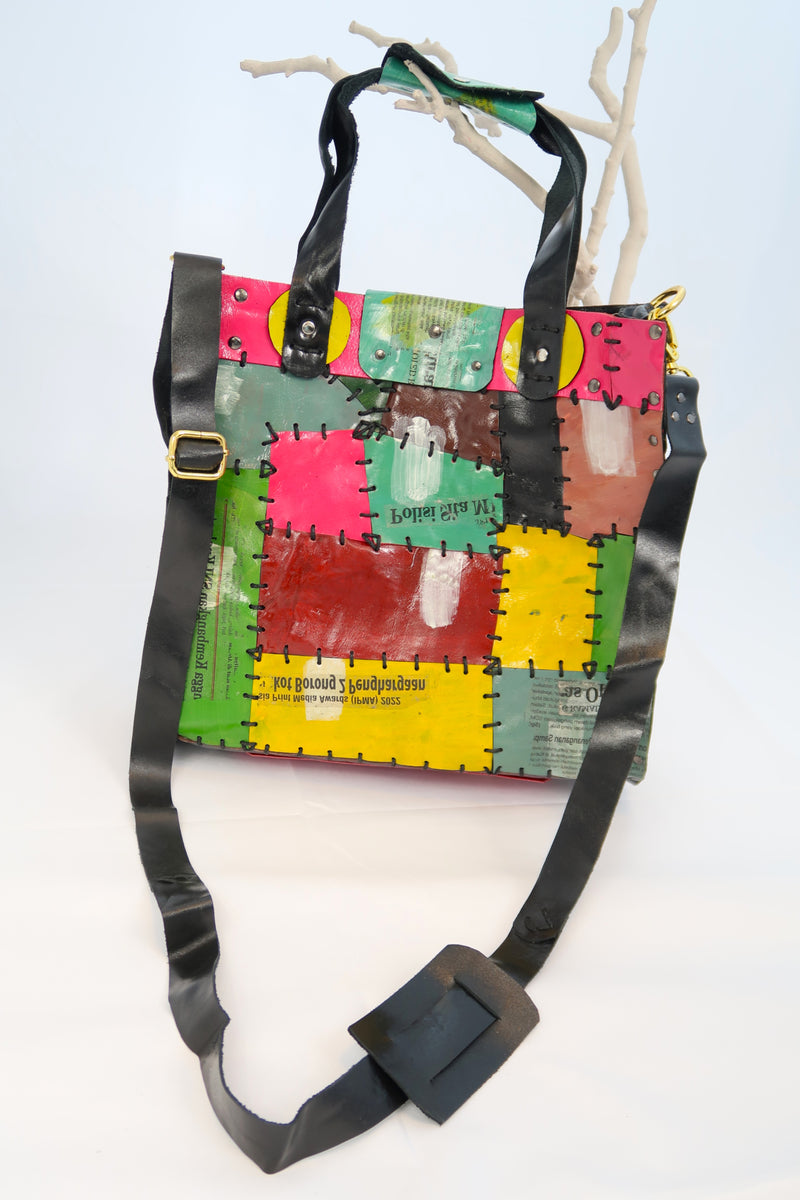 Hand Crafted Cross Body Square Bag With A Strap From Recycled Leather - Multi