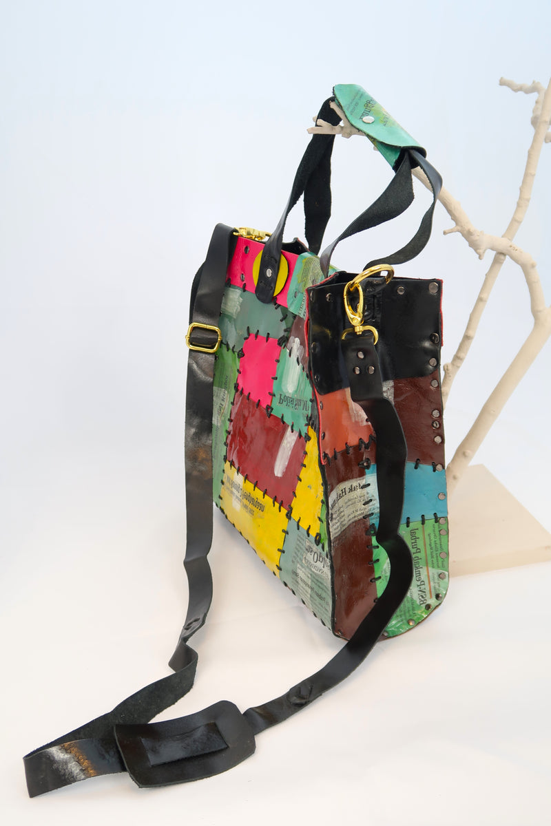 Hand Crafted Cross Body Square Bag With A Strap From Recycled Leather - Multi