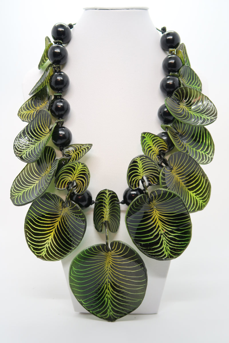 Recycled plastic bottles Coccoloba leaves with beads necklace