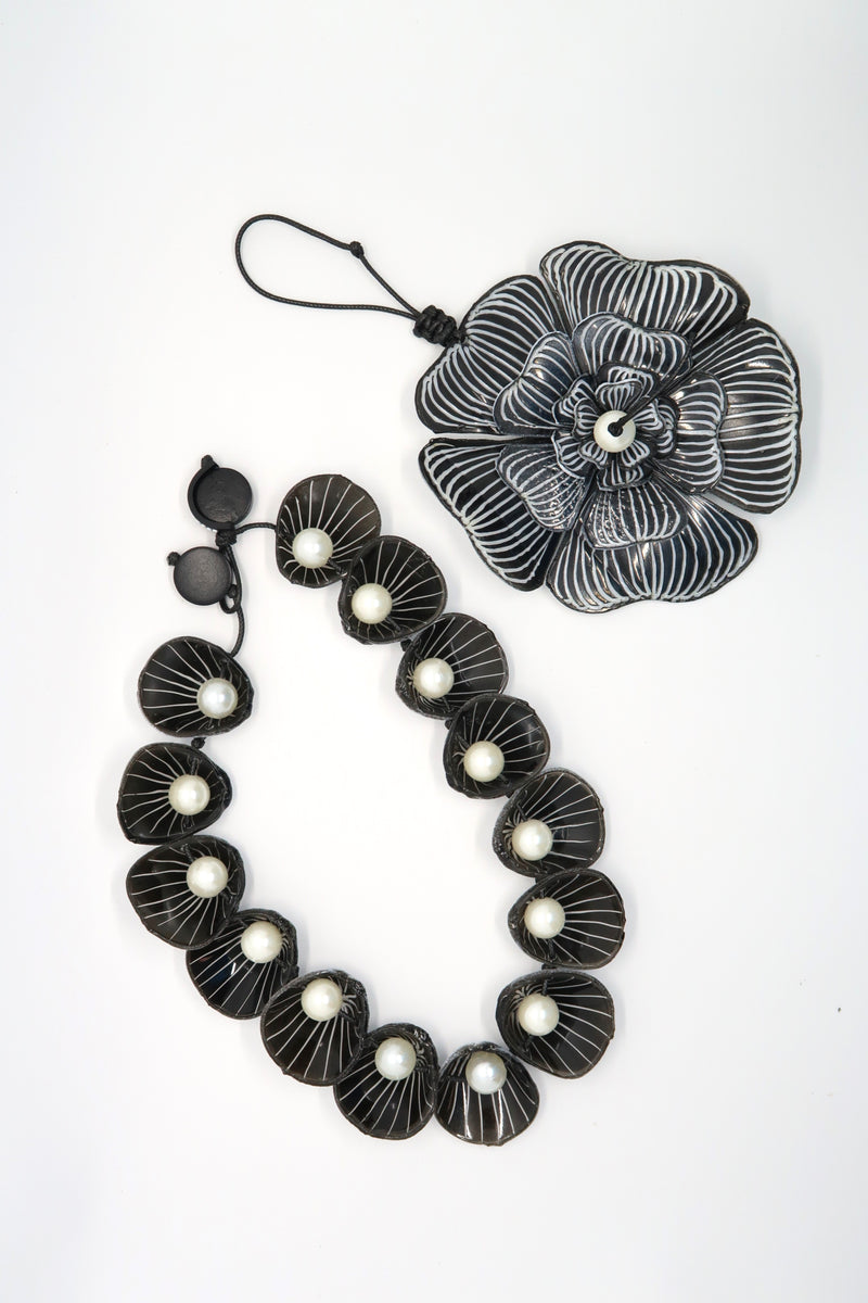 Recycled plastic Big Flower Pendant With Faux pearls Necklace