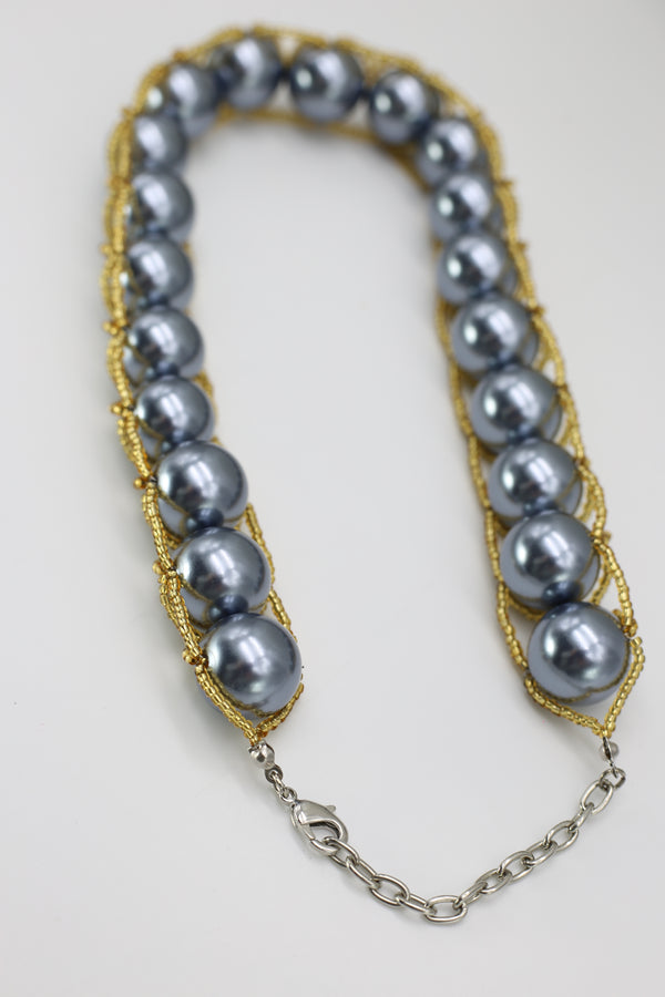 Vintage Pearl with gold tiny glass crystal Necklace