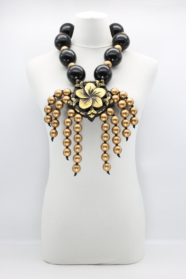 Recycled Wooden Beads With Carved Flower And Gold Beads Tassel Necklace - Jianhui London