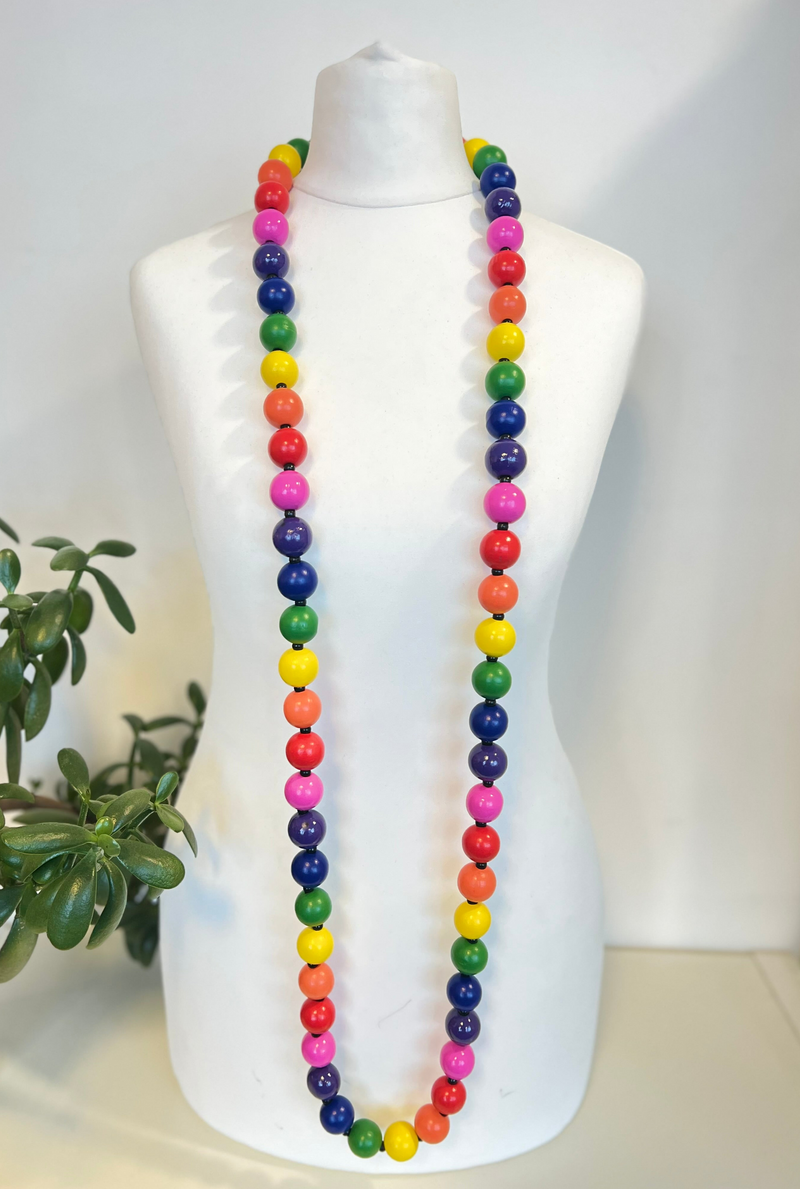 Recycled Wood Round Beads Necklace - 22mm Rainbow