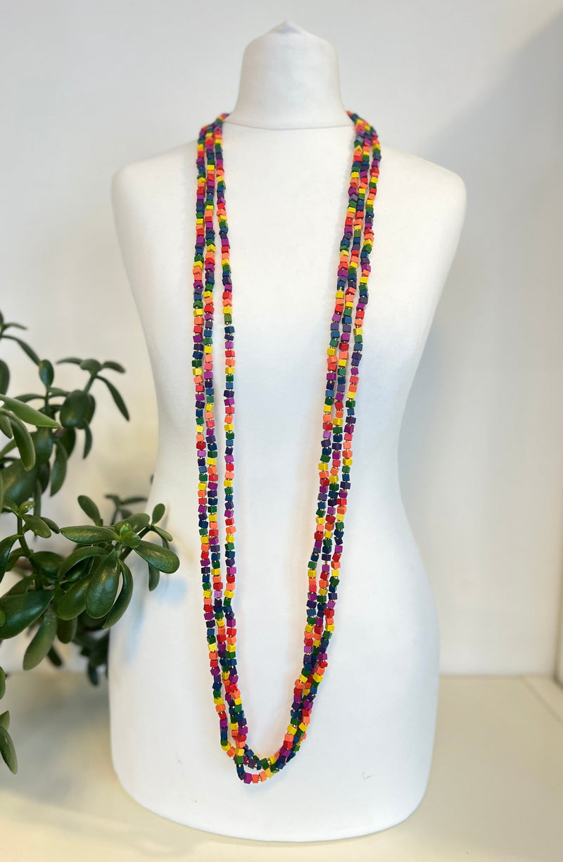 3 STRAND NEXT PASHMINA NECKLACE WOODEN BEADS - RAINBOW MOSAIC