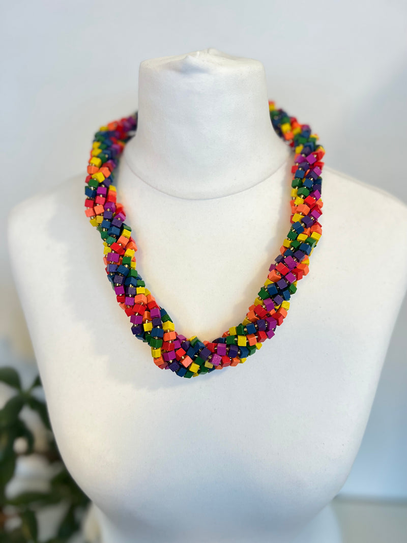 3 STRAND NEXT PASHMINA NECKLACE WOODEN BEADS - RAINBOW MOSAIC