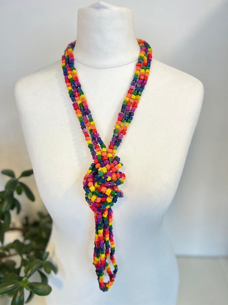 3 STRAND NEXT PASHMINA NECKLACE WOODEN BEADS - RAINBOW MOSAIC