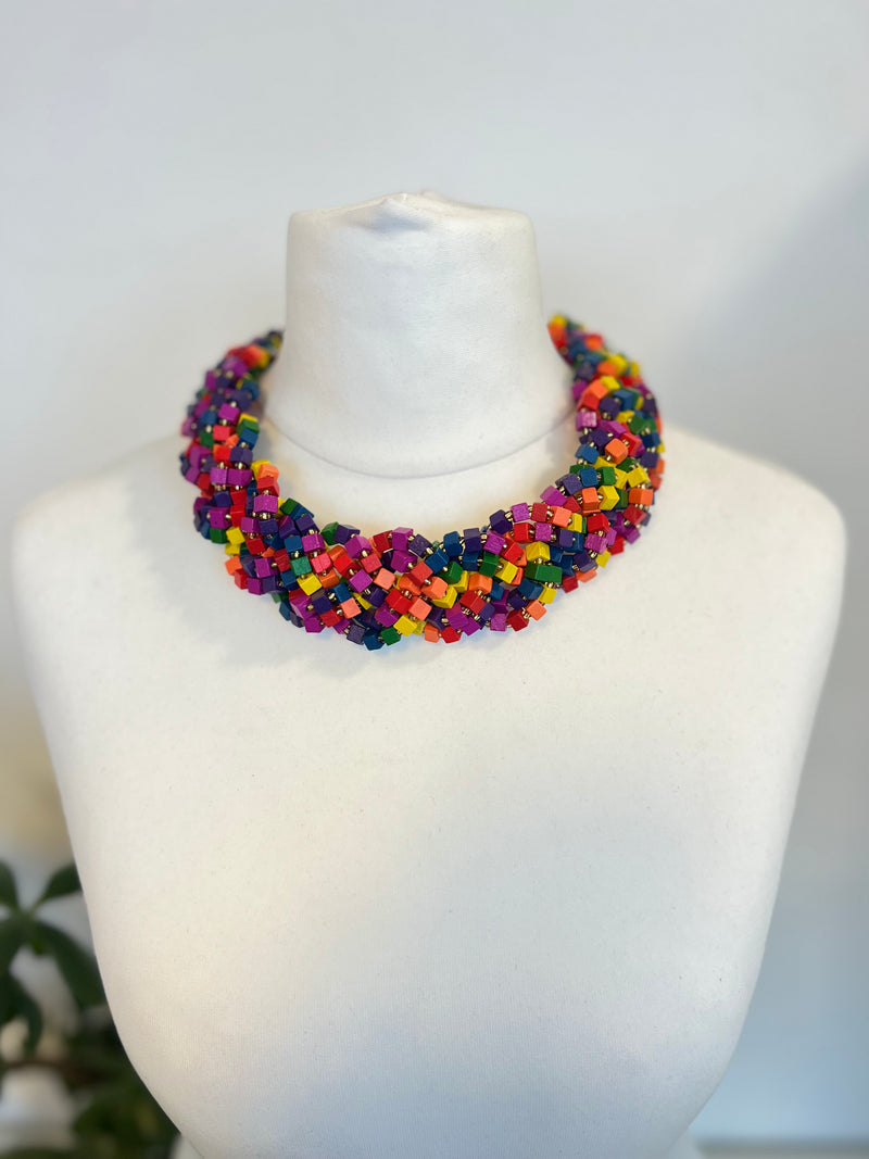 3 STRAND NEXT PASHMINA NECKLACE WOODEN BEADS - RAINBOW MOSAIC