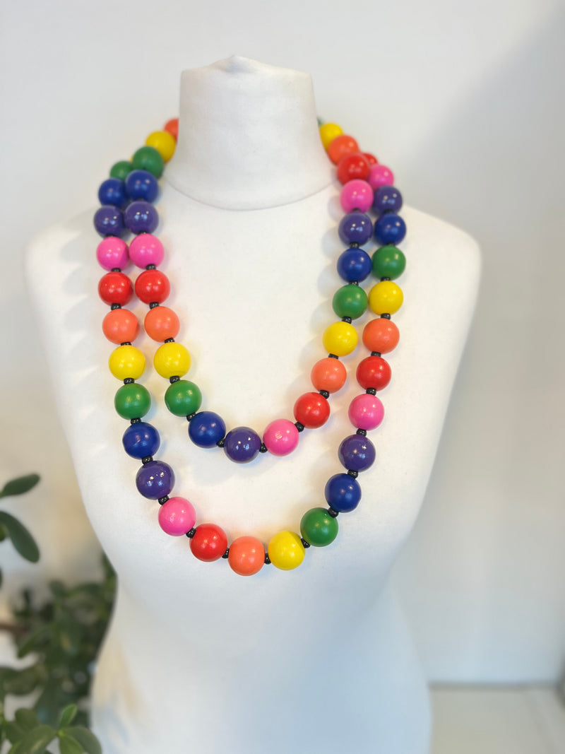 Recycled Wood Round Beads Necklace - 22mm Rainbow