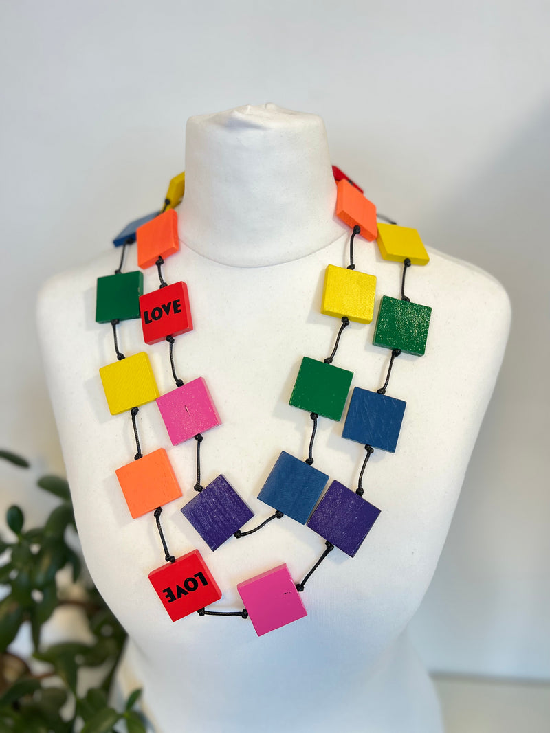 Recycled Wood Square Necklace - Rainbow With Love