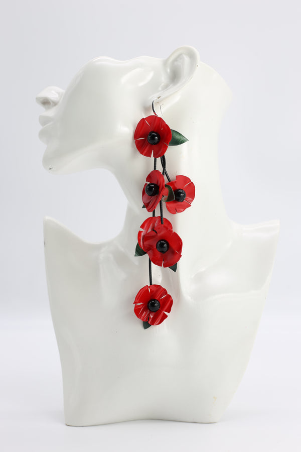 UPCYCLED PLASTIC BOTTLES POPPY WITH GREEN LEAF EARRINGS