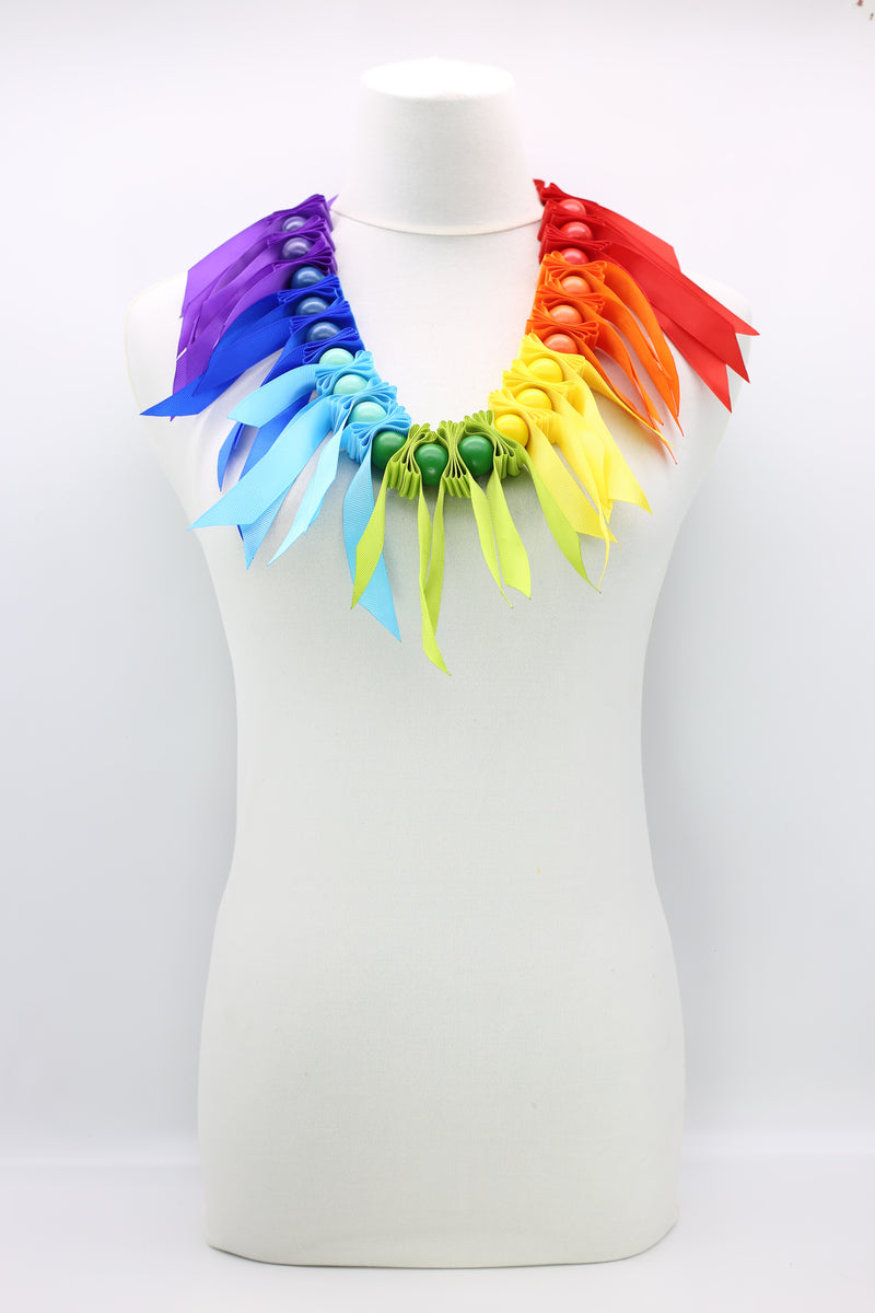 Upcycled Rainbow Ribbon with recycled wooden beads Short Necklace