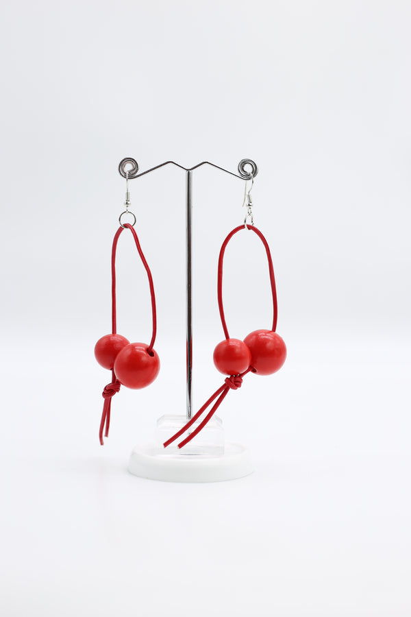 Round Beads on Leatherette Loop Earrings - Double - Jianhui London