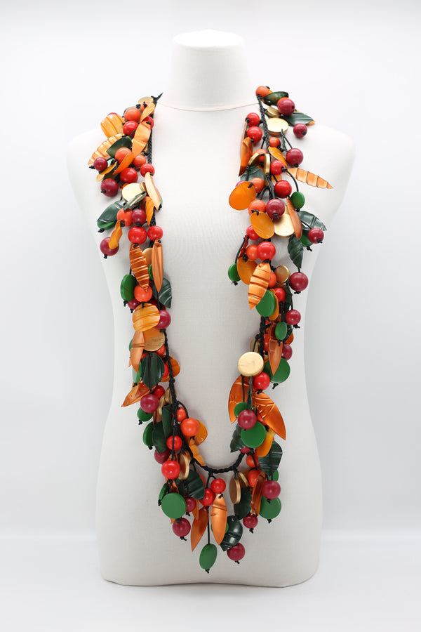 Vintage Inspired Wooden Beads and Plastic Leaf Mixed Fruit Necklace - Long - Jianhui London